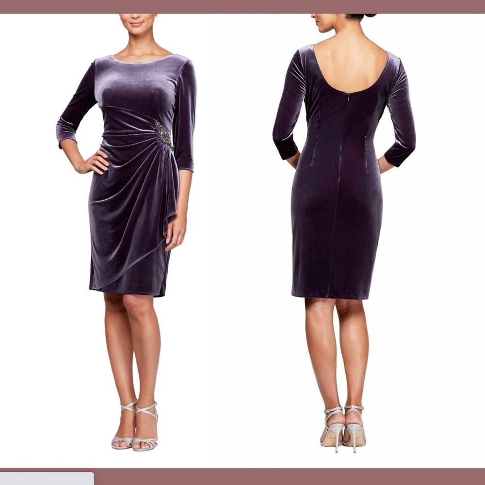NEW‎ $159 Alex Evenings [SZ 10 ] Side Ruched Velvet Dress in Amethyst